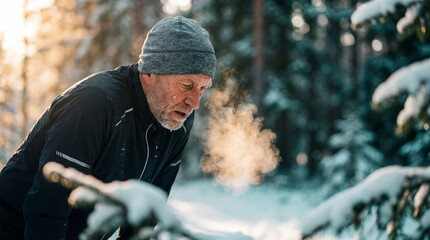Exhausted senior runner breathing visible steam in a snowy forest at sunset. Concept of active aging, endurance and winter fitness. Perfect for health and lifestyle campaigns.
