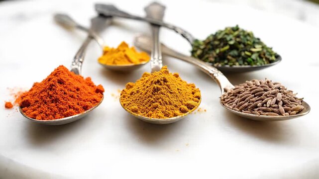 Assortment of vibrant ground and whole spices in silver spoons on a white marble background. A selection of culinary ingredients for cooking