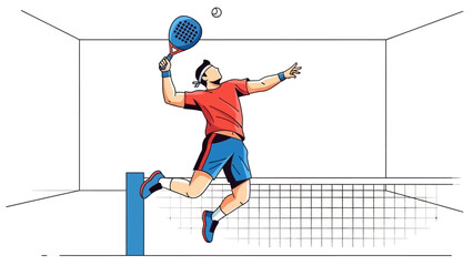 Padel Action: Dynamic illustration of a male padel player in mid-air swing, showcasing athleticism and focused action.