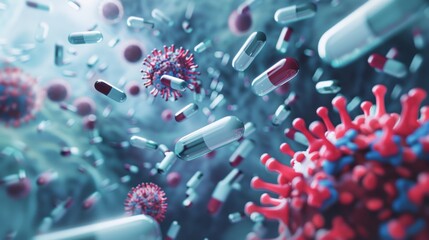 Medical 3D visualization of antibiotic pills fighting against resistant bacteria and virus cells, render AI