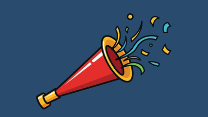 Obraz premium A red party horn with gold trim is blowing colorful confetti and streamers against a dark blue background.