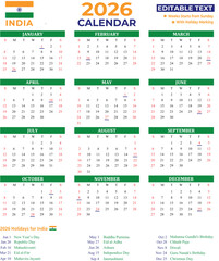 India 2026 Yearly Calendar with National Holidays in Flag Colors