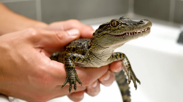 Veterinarian or researcher hands holding a small caiman. The baby reptile with big eyes and sharp teeth opens and closes its mouth