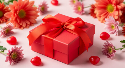 Red gift box with ribbon, surrounded by pink and orange flowers and heart candies on light pink surface, representing gift, love, celebration, Valentine's Day