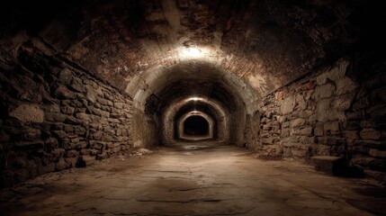 Fototapeta premium A long stone tunnel stretches into the distance with lights casting shadows on the weathered walls. The ground is made of stone slabs creating a dark and quiet atmosphere.