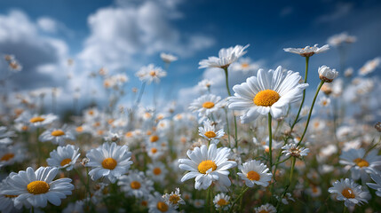 Bright daisies bloom under a clear blue sky with fluffy clouds