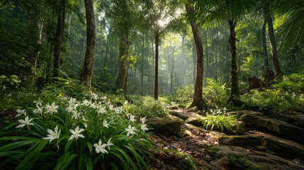 Fototapeta premium Lush forest scene with white flowers and sunlight streaming through trees. A beautiful forest path is illuminated by sunlight, with white flowers in the foreground and lush greenery all around