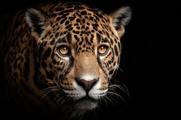 Obraz premium Jaguar With Golden Eyes in Front of Dark Background Showing Sharp Details and Shadows