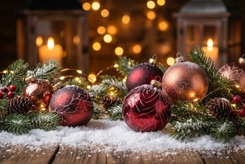 Ornate red and bronze Christmas glass baubles dusted with snow lie on fir branches with pinecones and glowing string lights, creating a warm and magical festive scene