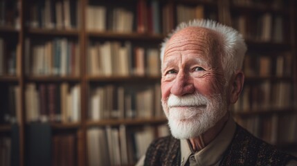 An elderly man sits in a library filled with shelves of books. He has a friendly smile and white hair. The setting is bright with natural light coming in.
