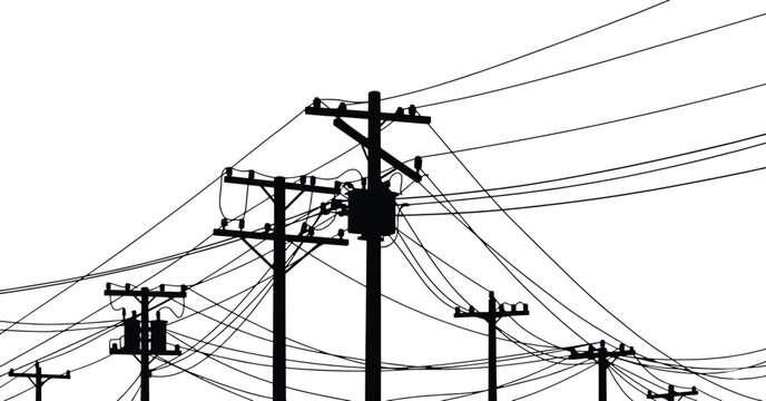 Tangled Power Lines and Utility Poles Silhouette - Urban Electrical Grid Chaos Vector Illustration