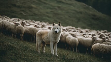 Obraz premium A white wolf is visible in front of a large group of sheep on a hill. The wolf watches the flock closely. This sight is captured in the morning. The scene shows rural life and animal behavior.