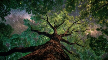 View from below a tall tree with green leaves reaching towards the sky. Stars are visible between the branches at night time in a quiet forest setting.