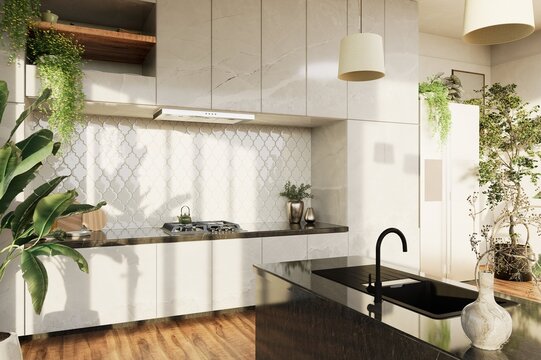 Visualization. 3d render of a modern kitchen with marble countertops, pendant lighting, stylish decorative plants. Clean design, geometric backsplash and elegant kitchenware, contemporary interiors