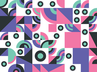 Colorful pop art vector illustration with seamless retro geometric circle and heart shapes pattern design