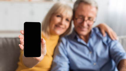 An older couple sits together on a couch at home, smiling and showcasing a smartphone. The atmosphere is warm and inviting, filled with a sense of connection and joy.