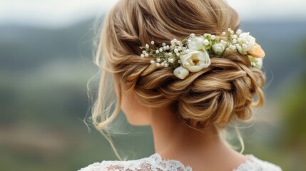 A woman with long hair styled in an updo sits with her back facing the camera. Flowers are arranged in her hair as she enjoys an outdoor wedding setting.