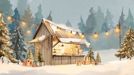 Naklejka premium Snowy winter scene with a small wooden cabin, Christmas lights, trees, and gifts in a quiet forest setting