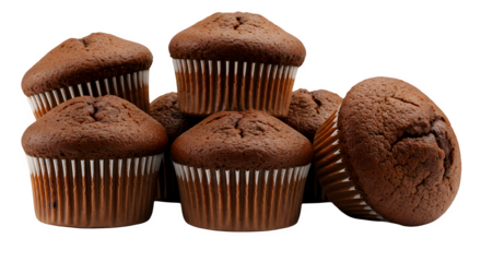 Chocolate muffin muffins on transparent background cutout, PNG file, Chocolate cupcake topped with creamy frosting and a light dusting of cocoa isolated on white transparent