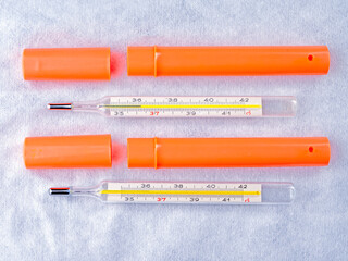 Two medical mercury thermometers with a plastic case on a soft white fleece.