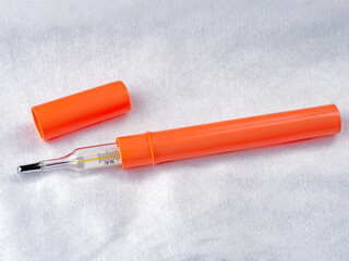 Medical mercury thermometer in a plastic case on a soft white material.
