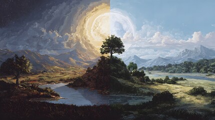 A dramatic, surreal landscape split between day and starry night, symbolizing duality.