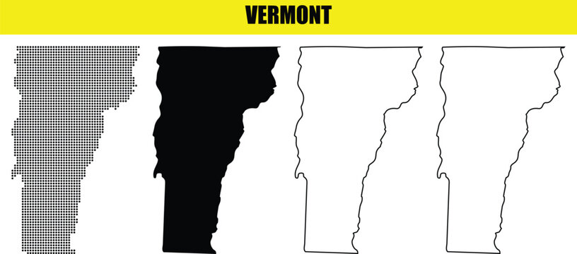 Detailed Vermont state map vector illustrations showcasing various geographic outline styles including dotted and solid silhouettes on a clean white background