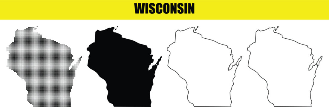 Detailed vector illustration of Wisconsin state map in various styles including dotted outline and solid shapes