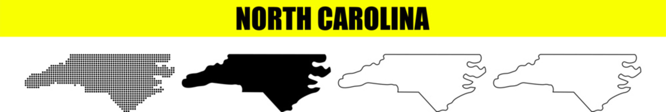 North Carolina state map vector illustration set featuring multiple styles including dotted silhouette and outlined versions for educational or geographic use