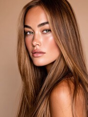 Fototapeta premium Beautiful model poses with long hair and natural makeup in a studio setting