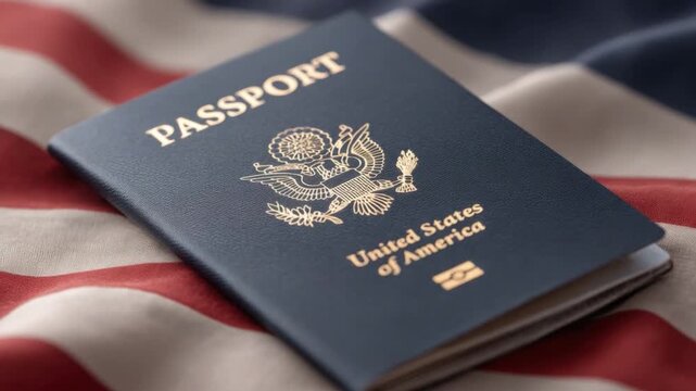 United States Passport on Vintage Flag Background with Soft Focus for Travel and Adventure Themes 4k video footage