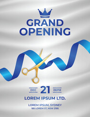 Modern blue ribbon grand opening background with gold scissors for business promotion