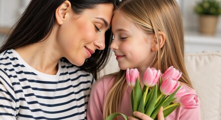 Happy mother and daughter sharing a tender moment with pink tulips. Loving mom receiving a flower gift from her child for Mother's Day