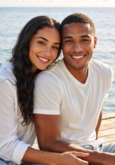 Obraz premium Happy young multiracial couple smiling together in an outdoor portrait. Vertical photo of a loving man and woman on a summer vacation by the sea