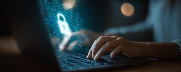 Young businesswoman is using laptop for cyber security protection.cyber security concept, user privacy security and encryption, secure internet access Future technology and cybernetics, screen padlock
