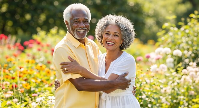 Happy senior african american couple smiling in a garden. Elderly black man and woman embracing outdoors. Loving retired partners enjoying life together - Powered by Adobe