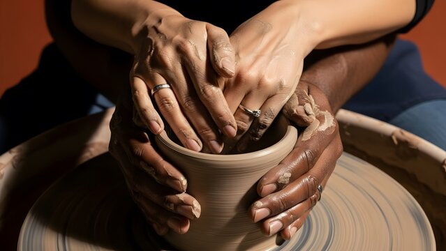 Close-Up of Couple Shaping Wet Clay on Pottery Wheel, Terracotta Background - Powered by Adobe