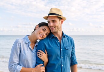 Obraz premium Happy young couple in love embracing on the beach. Smiling man and woman enjoying a romantic summer vacation together