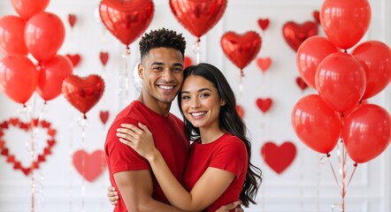 Happy multi-ethnic couple celebrating Valentine's Day with red heart balloons. Romantic man and woman hugging in matching red t-shirts. Love and relationship concept