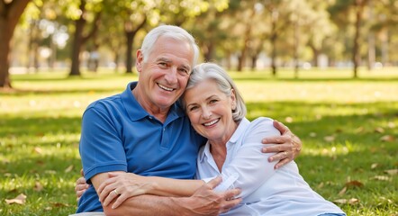 Happy senior couple sitting on grass in a park. Elderly man and woman hugging and smiling at camera. Active retirement and love concept