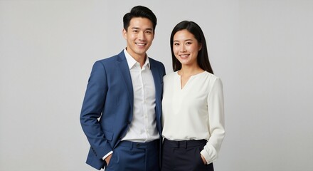 Portrait of a happy Asian business couple standing together. Young professional man and woman smiling in studio. Corporate teamwork concept