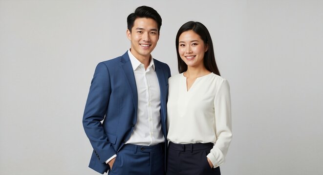 Portrait of a happy Asian business couple standing together. Young professional man and woman smiling in studio. Corporate teamwork concept - Powered by Adobe
