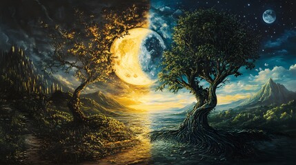 A dramatic, surreal landscape split between day and starry night, symbolizing duality.