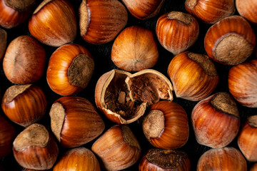 Fresh hazelnuts on a wooden surface, displaying rich textures, with one shell cracked open