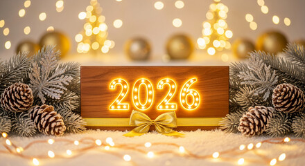 Festive display with wooden plaque showing "2026" in bulb lights, pinecones, glittery branches and gold bow, representing upcoming year celebration
