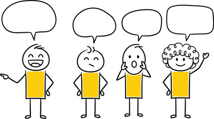Cartoon stick figures with speech bubbles, expressive emotions, communication icons, yellow torsos, flat vector illustration, editable dialogue, minimal design