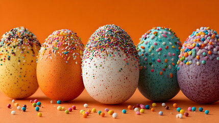 Colorful eggs decorated with sprinkles on orange tabletop ready for celebration