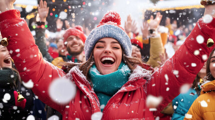 Joyful winter celebration with a diverse crowd dancing in festive atmosphere