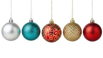 Shiny gold and red Christmas tree baubles hanging as holiday ornaments isolated on white background