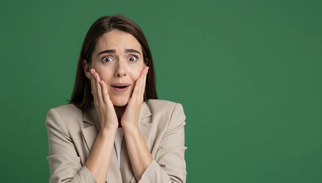 Excited Woman Reacting with Surprise and Confusion Against Green Screen